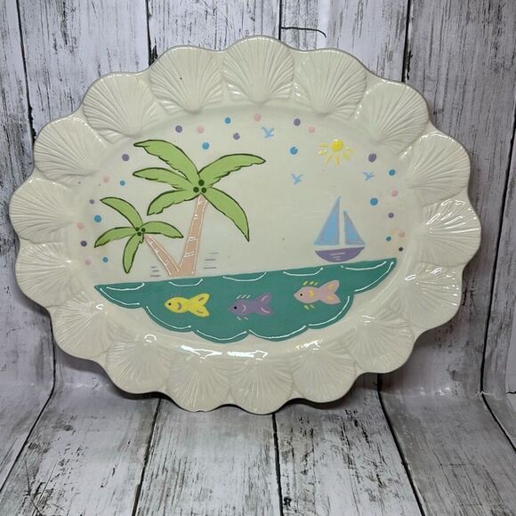 Ceramic Plate Palm Trees Fish Tropical Scene Shells On Edges Fishline - Picture 1 of 8